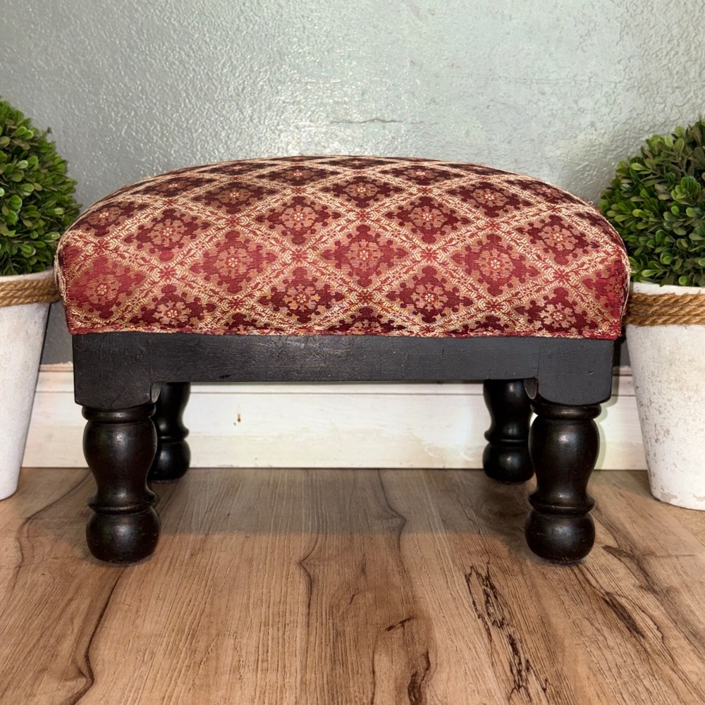 Vtg 10.5" Burgundy Brocade Footstool Small Ottoman Dark Wood Turned Legs Damask
